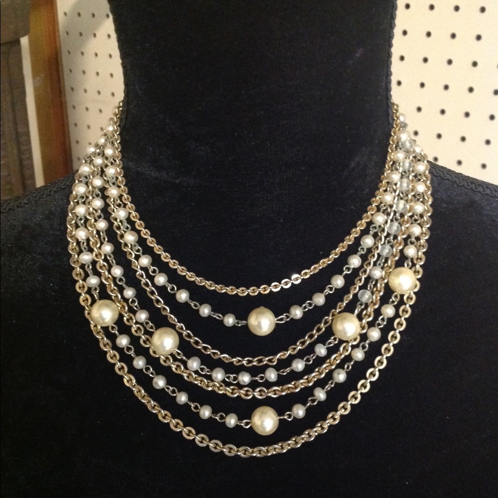 Vintage Lisner Pearl Bib Necklace 7 Strand